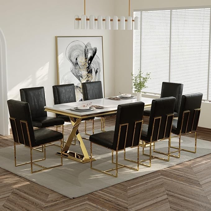 AUZ Black and Gold Faux Leather Dining Chairs Set of 6, Mid-Century Modern Luxury Upholstered Kitchen Room Chairs with Polished Stainless Steel Sled Legs
