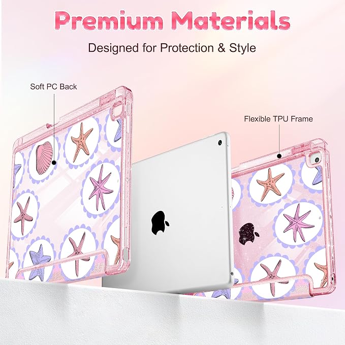 Mektron Sparkly Case for iPad 10.2 inch Glitter Tablet Cases for iPad 9th Gen 2021/8th Gen 2020/7th Gen 2019 Cover with Shiny Clear Back Shell Foldable Bling Smart Cover Blue Floral
