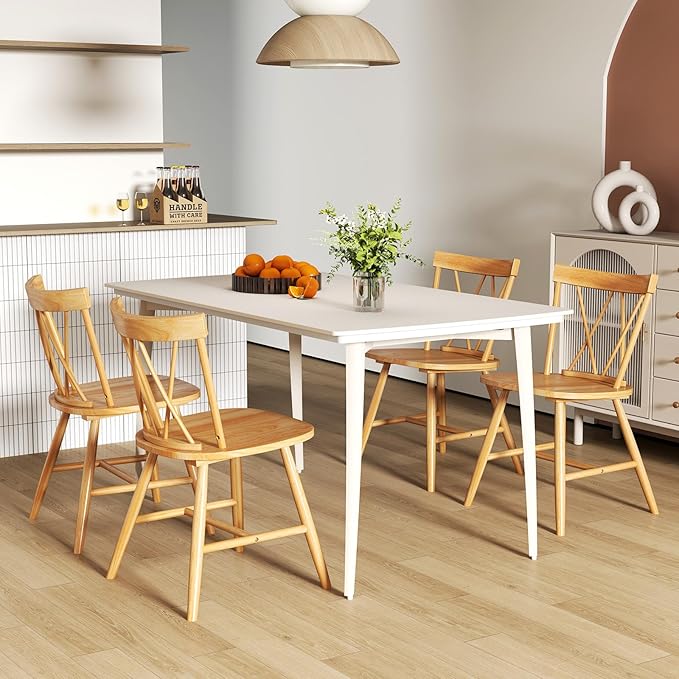 Giantex Wooden Dining Chairs Set of 4, Farmhouse Windsor Kitchen Chairs w/Cross Back, Wide Seat, Rubber Wood Frame, Armless Side Chairs for Kitchen, Dining Room, Living Room, Restaurant, Natural