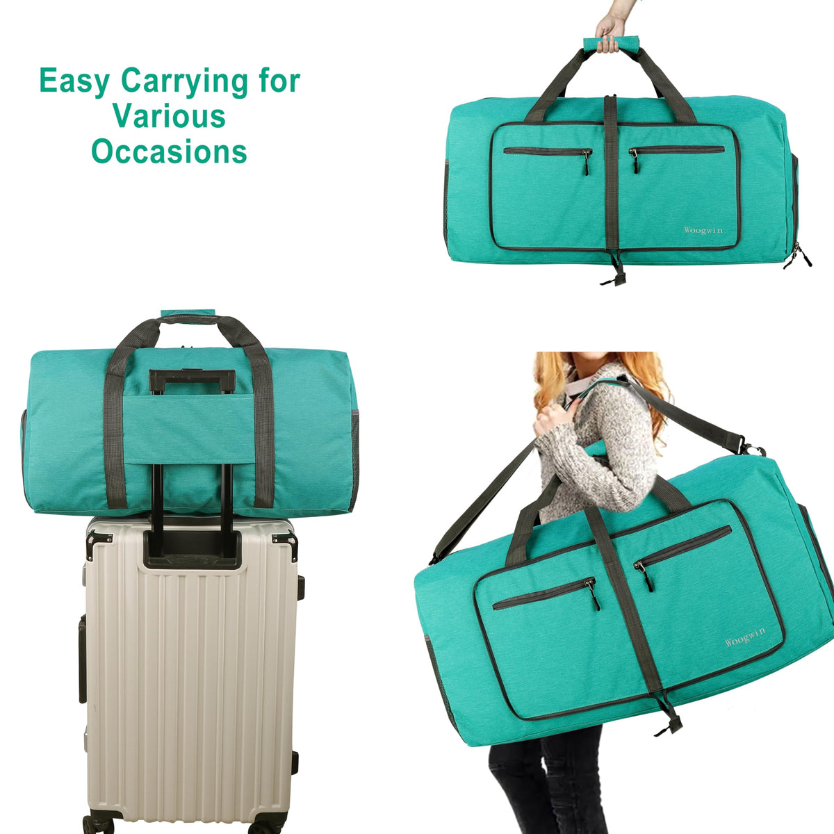 Woogwin Travel Duffel Bag Large Foldable Waterproof Overnight Bag for Beach Swim Bags Pool Sports Gym (60L SnowGreen)