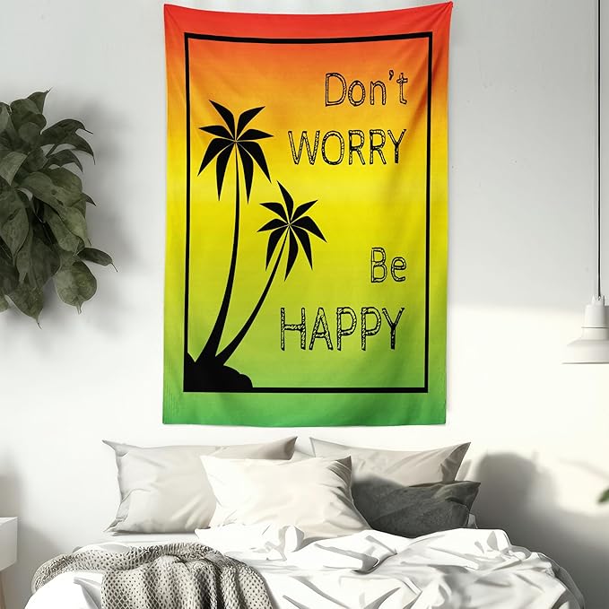 Ambesonne Rasta Tapestry, Dont Worry Be Happy Music Words of Iconic Singer Palms Ombre Colors, Fabric Wall Hanging Decor for Bedroom Living Room Dorm, 23" X 28", Lime Green Yellow Black