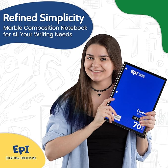 EPI Spiral Notebook | Wide - 70 Sheets, Durable Spiral Binding | 10.5 x 8 in | Classroom Supplies | School, Office, Note Taking, Journaling - 3 Pack