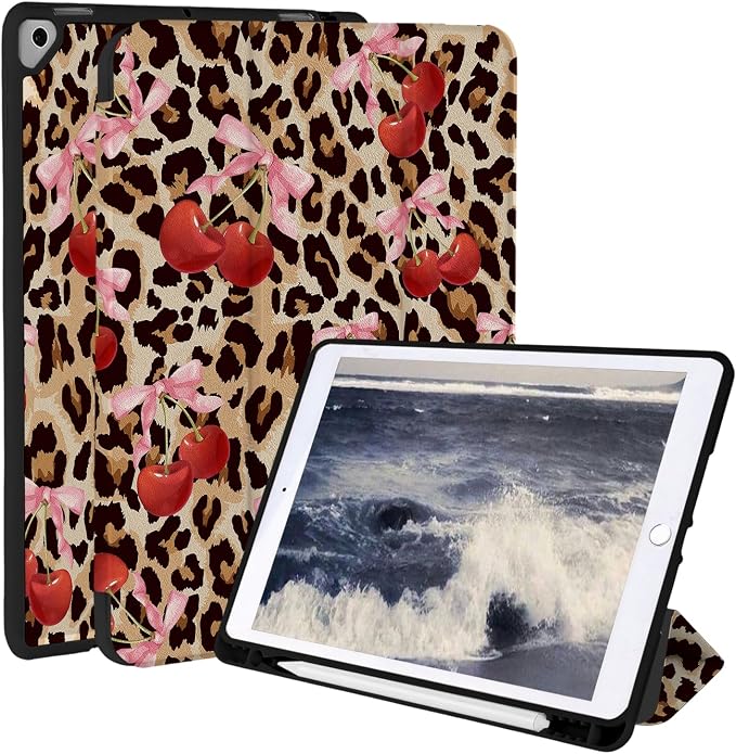 Case for iPad 9th/ 8th/ 7th Generation Case 10.2&amp10.5 Inch (2021/2020/2019 Release) Slim Lightweight Soft Trifold Back Cover with Pencil Holder &amp Auto Sleep/Wake Cover Cherries Cheetah Bows