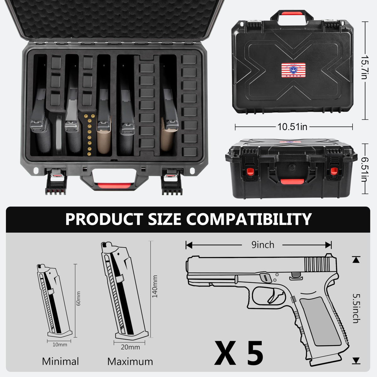 Kinghardcase Gun Case for Handguns 5 Pistol &12 Magazine Pre-Cut Multiple Pistols Shockproof Waterproof Hard Pistol Cases with Desiccant TSA Approved Firearm Travel Case
