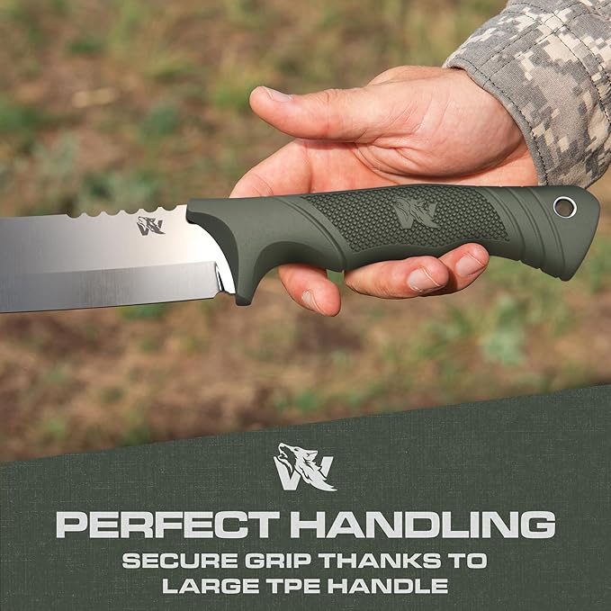 ODENWOLF W Machete - Survival Machete Full Tang with Sheath - Strong D2 Steel Knife Machete for Cutting Trees, for Yard Work, and for Bushcrafting and Big Tactical Knife with TPE-Handle