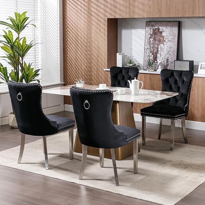 Luxury Upholstered Dining Chairs Set of 2, Black Kitchen Chair with Silver Metal Legs, Velvet Tufted Back Dining Chair, Sillas de Comedor, Modern Kitchen & Dining Room Chairs (Black, 2 Pcs)