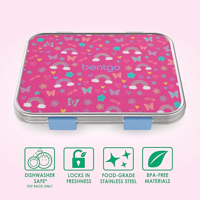 Bentgo Kids Stainless Steel Prints Leak-Resistant Lunch Box - 3-Compartments with Silicone Container, Durable, Eco-Friendly, Dishwasher Safe, BPA-Free, for School, Ages 3+ (Rainbows & Butterflies)