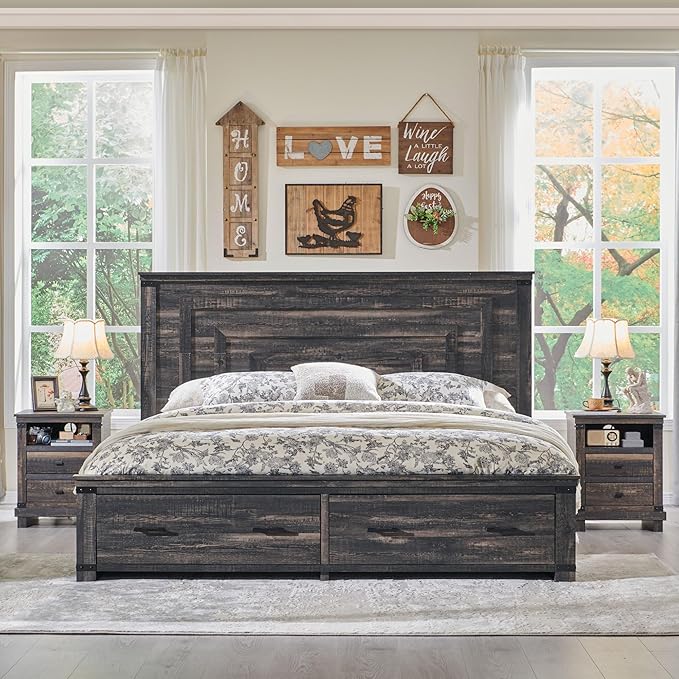 T4TREAM Farmhouse King Size Bed Frame with 54" Tall Geometric Headboard & 2 Large Storage Drawers, Rustic Wood Platform Bed with Wood Slats Support, No Box Spring Needed, Dark Rustic Oak