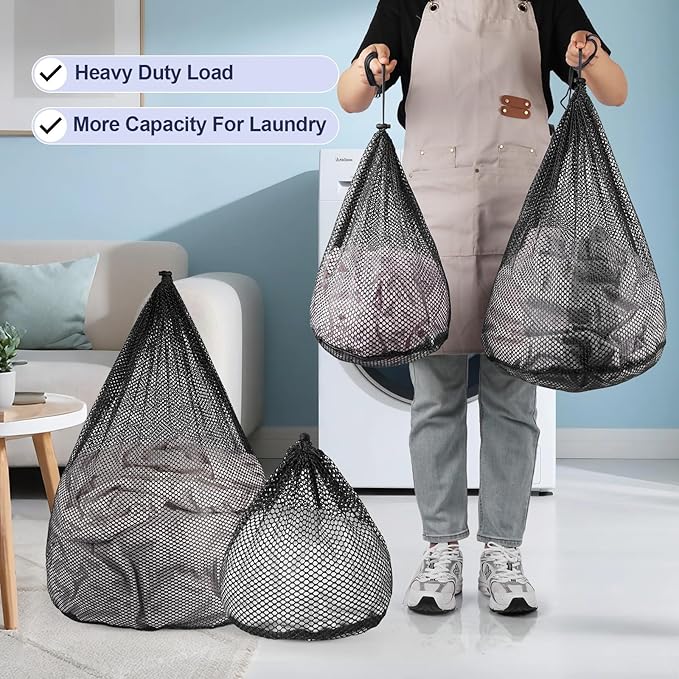 4Pcs Mesh Laundry Bags Washing Machine Mesh Wash Bags Jumbo for Delicates Clothes,Bed Linen,Toys with Drawstring Closure Sturdy (Black, Pack 4 Pcs)