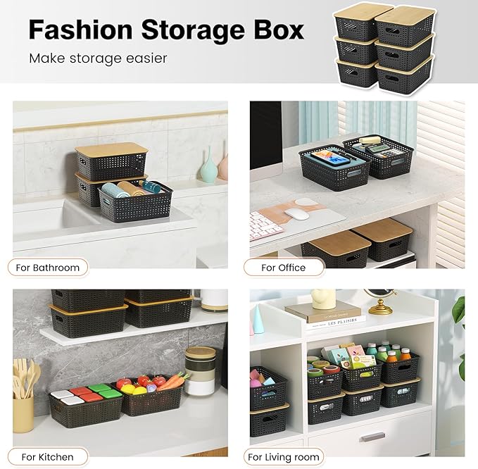 Plastic Storage Baskets With Bamboo Lid - Plastic Storage Containers Stackable Storage bins: Storage Baskets for Organizing Shelves Drawers Desktop Closet Playroom Classroom Office, 6 Pack