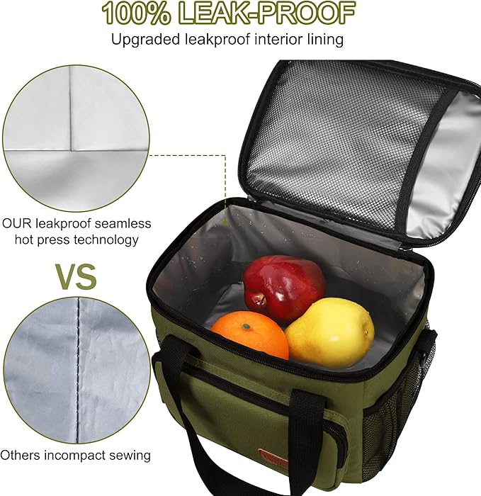 Femuar Lunch Bags for Women/Men, Insulated Lunch Bag for Work Office Picnic - Large Lunch Cooler Bag Leakproof Lunch Box with Adjustable Shoulder Strap for Adults - Army Green
