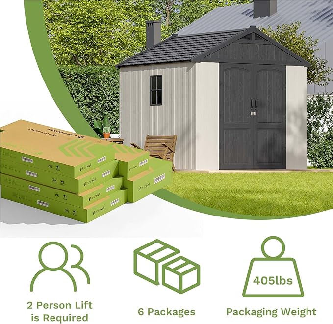 Patiowell 8x8 FT Outdoor Storage Shed, Plastic Shed Resin Garden Tool Shed with Floor & Window & Lockable Door for Patio Furniture, Backyard Tools, Bicycles & Lawnmower, Beige