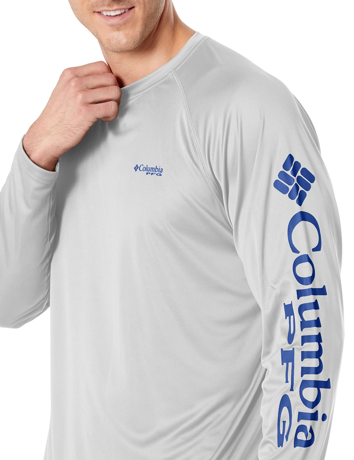 Columbia Men's PFG Terminal Tackle Long Sleeve Fishing Shirt, Cool Grey/Vivid Blue Logo, X-Large