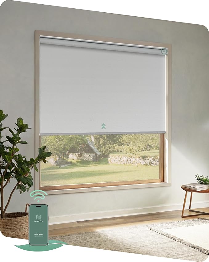 Yoolax Motorized Blinds App Control, Blackout Roller Shades for Windows, Cordless Automatic Shades Roller Window Blinds for Bedroom Living Room Office (Blackout Alpine White, 50" W x 72" H)