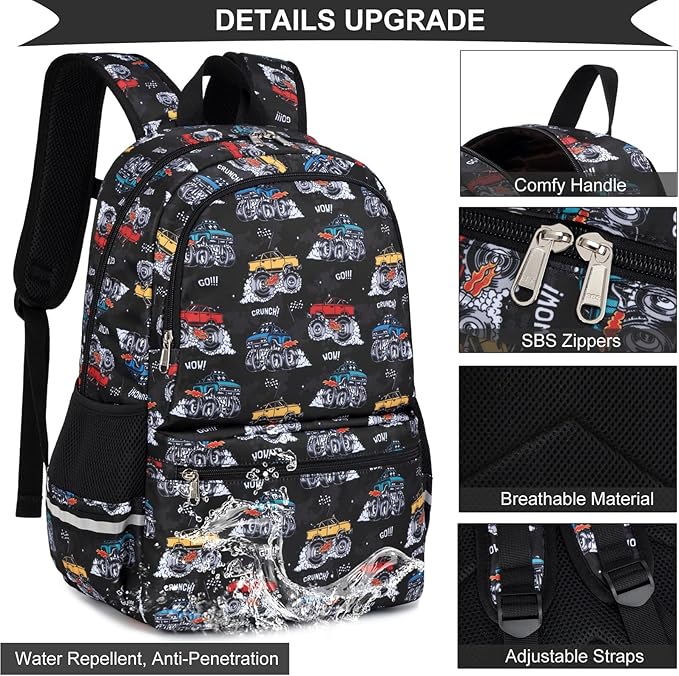 DSIUE School Backpack for Boys, Boys Backpack for Kids Children Teens Elementary Middle School With Lunch Box (Monster truck Black)
