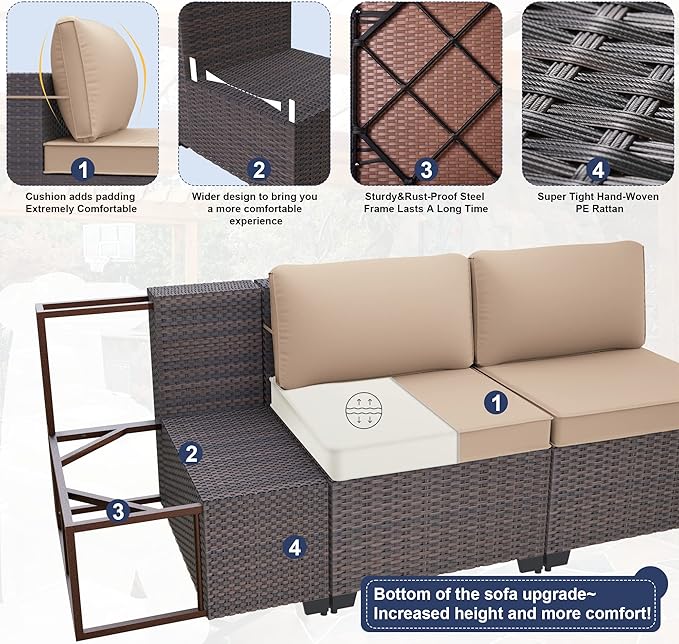 Kurapika 10 Pieces Patio Furniture Set, Rattan Wicker Outdoor Conversation Sets w/43in Propane Fire Pit Table and 4 Inch Cushion(Sand)