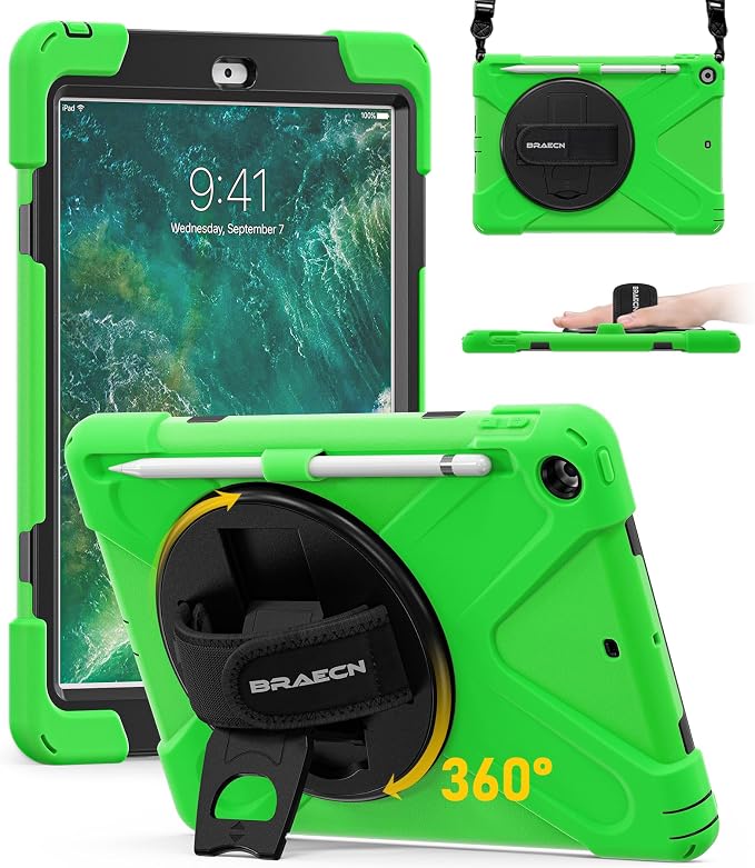 BRAECN Case for iPad 6th/5th Generation - 9.7 inch 2018/2017 Black | Protective Heavy Duty Shockproof Rugged Cover for Kids/Adults 360° Rotating Hand Strap/Stand &amp Detachable Shoulder Strap