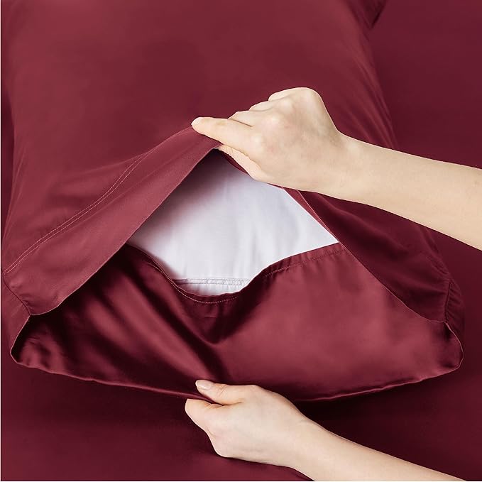 Bedsure Cooling Sheets Twin, Rayon Derived from Bamboo, Breathable & Soft Twin Sheets Set, Deep Pocket Up to 16 Inches, Hotel Luxury Silky Bedding for Hot Sleepers, Burgundy