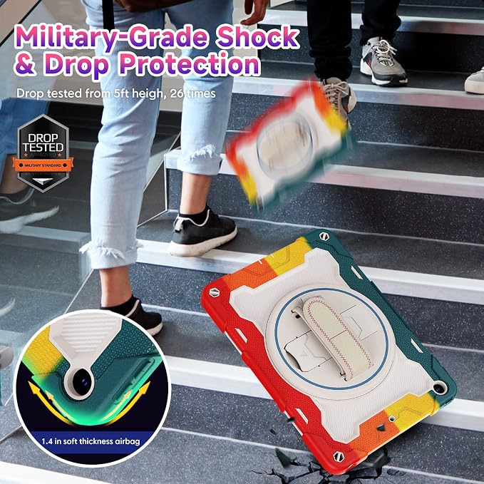 for iPad 9th 8th 7th Gen Case 10.2 inch with Screen Protector | 360° Rotating Kickstand Hand Strap Shoulder Strap Heavy Duty Military Grade - Kids Friendly