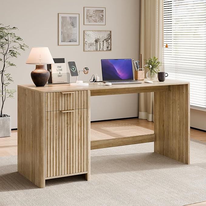 58" Fluted Home Office Desks with Storage, Modern Executive Desk Computer Desk with Drawer & Cabinet, Wood Work Desk for Office, Bedroom, Study, Living Room, Oak