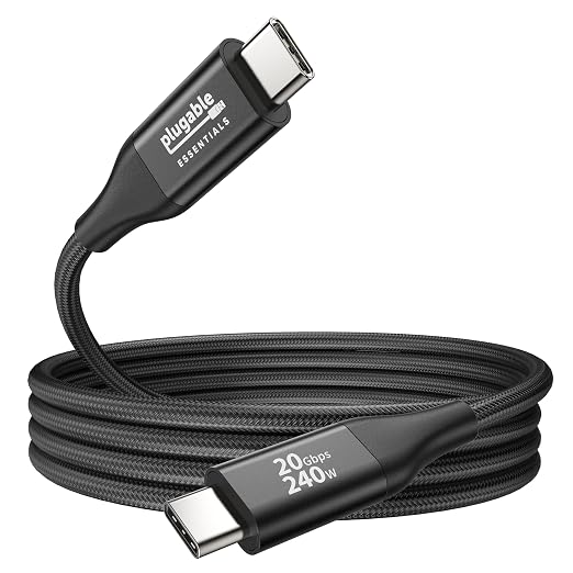Plugable Short Braided USB C Monitor Cable 1FT 4K@144Hz/8K Video Output | USBC 3.2 Gen 2X2 Display Cable 20Gbps Data Transfer 240W PD Charging Fit for Portable Monitor SSD MacBook iPhone 17