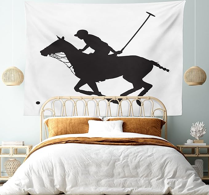 Ambesonne Sports Tapestry, Silhouette Illustration of Polo Player on a Horse Hitting a Ball Print, Fabric Wall Hanging Decor for Bedroom Living Room Dorm, 45" X 30", Charcoal Grey