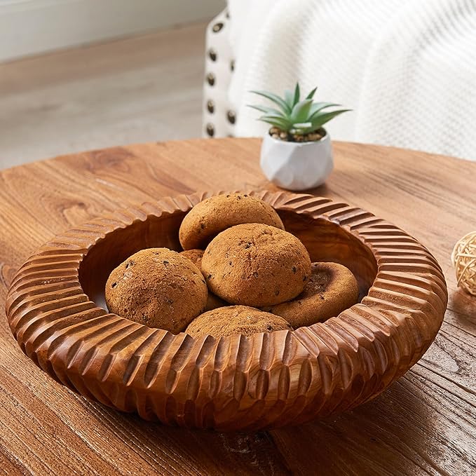 Teak Handcrafted Wooden Bowls Natural Wood Round Utility Bowl 15.7" W Handmade Rustic Serving Platter Fruit Snack Holder for Entry Table Vintage Artworks Dining Room Home Décor