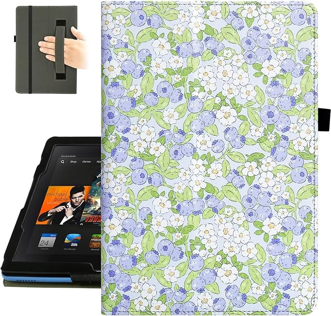 Fancity Case for Kindle Fire HD 10/10 Plus 13th/11th Generation 2023/2021 | Premium PU Leather Protective Case with Adjustable Angles Auto Wake/Sleep Hand Strap for Fire HD 10/10 Plus Black Floral