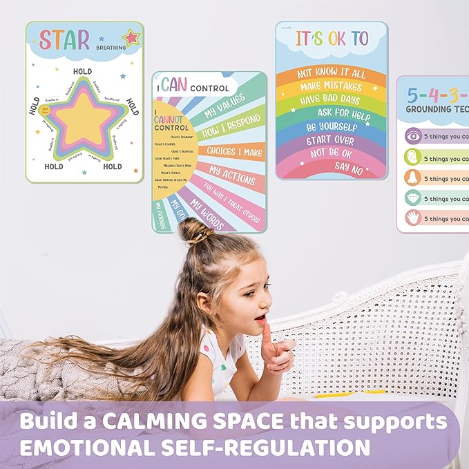 jackinthebox 12 Calming Corner Posters with Gold Foil Embedded Stars - 12 x 17 inches Laminated Classroom Decor Posters, Calm Down Corner Supplies, Emotions Charts for Kids, Easter Gifts for Kids.