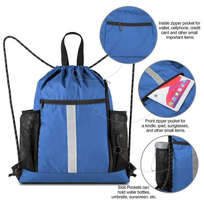 BeeGreen Royal Blue String Backpack Bag Cinch Sack with Shoe Compartment and Two Side Mesh Pockets Lightweight Sturdy Drawstring Gym Sackpack 1 Pack for Unisex
