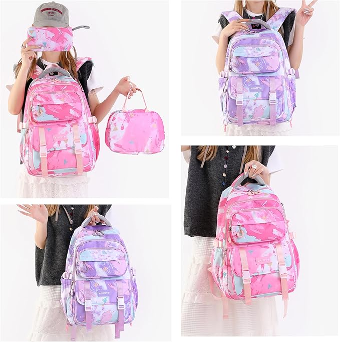 3Pcs Backpack for Girls Kids Backpacks with Lunch Box Elementary Middle High School Backpacks Students Bookbag Set School Bags for Teens Girls (Pink)