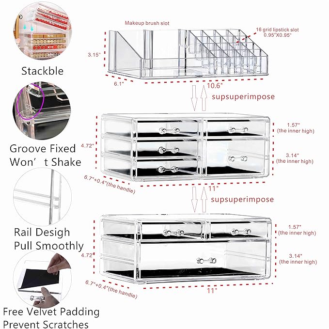 Cq acrylic 3 Pack Clear Make Up Organizer Countertop,Stackable 8 Drawers Makeup Storage,Cute Vanity Organizers for Dresser Hair Clip,Jewelry,Beauty Product Desk and Bathroom Organizers and Storage