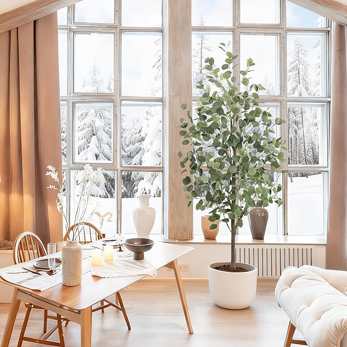 Faux Eucalyptus Tree 5FT Tall Artificial Eucalyptus Tree Indoor Outdoor, Fake Eucalyptus Plant with Green Silver Dollars Silk Leave, Fake Floor Plants, Present for Friend Housewarming Decor