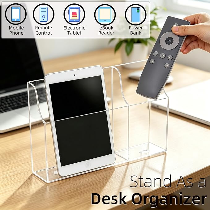 Clear Wall Tablet Holder Acrylic Wall Mounted Phone Holder for iPad Remote Control Holder Laptop Stand for eReader Storage Caddy with Charging Holes for Kindle iPhone
