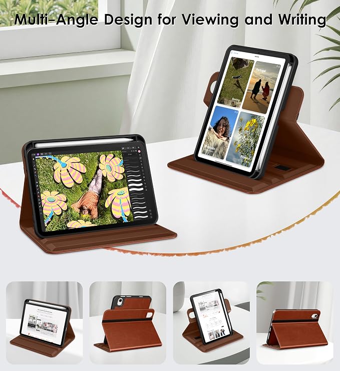 DTTO for iPad mini 7 A17 Pro 2024 aslo fit iPad mini 6 2021 Brown | 360 Degree Rotating Premium Faux Leather Folio Stand Cover with Pencil Holder Auto Sleep/Wake Multiple Angles Hand Strap