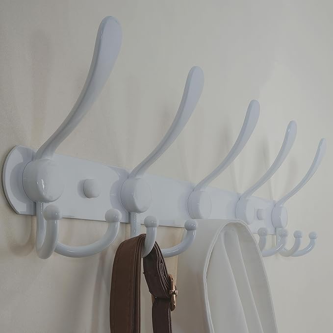 Dseap Wall Mounted Coat Rack - 5 Tri Hooks, Heavy Duty, Stainless Steel, Metal Coat Hook Rail for Coat Hat Towel Purse Robes Mudroom Bathroom Entryway (White, 2 Packs)