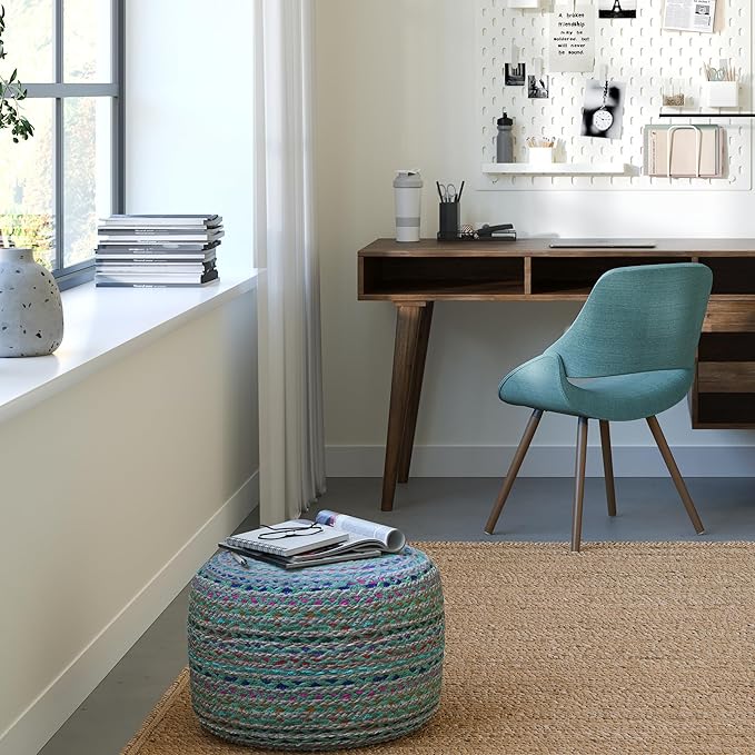 SIMPLIHOME Margo Round Pouf - 20 inch Wide Handwoven Jute and Cotton Braided Ottoman in Green, Boho-Style Footstool or Extra Seating for Living Room or Bedroom with Polystyrene Bead Filling, Assembled