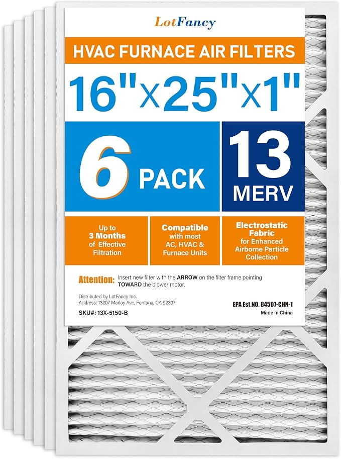 LotFancy 16x25x1 Air Filter MERV 13 6-Pack, Electrostatic Pleated HVAC Furnace