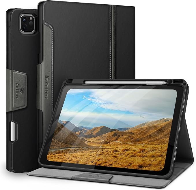 Antbox Case for iPad Pro 11 inch 4th/3rd/2nd/1st Generation Black | Vegan Leather with Pencil Holder Auto Sleep/Wake Function iPad Pro 11 Cover