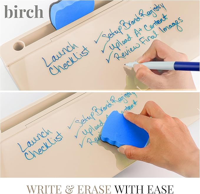 Birch Small Desktop Whiteboard – Glass Dry Erase Board Desk Pad Keyboard Stand with Storage Compartment Adjustable Dividers 3 Markers & Marker Holder – Perfect for Office, Home, & School (Sand)