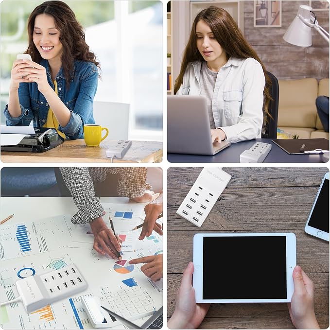 USB Charging Station with 6 USB-A and 4 USB-C Ports 50W 10A USB Charger Block for Smart Phone Tablet Laptop Multiple Devices - USB Power Strip with Auto-Detect Technology