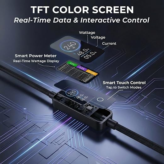 LITO 240W USB C to USB C Cable with TFT Touch Screen PD 3.1 EPR Braided Fast Charging Cord for Power Monitoring Compatible with iPhone 17/16/15 MacBook Laptop Galaxy Pixel Steam Deck 4FT