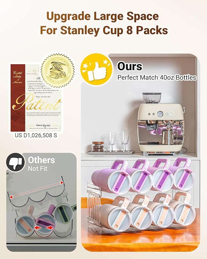 Larger Cup Organizer for Stanley Water Bottle, Kitchen Storage for Hydrojug Traveler 40 oz and Brumate Era 40 oz, Pantry Organizers and Storage for Simple Modern 40 oz Gifts (Larger-8-bottle)