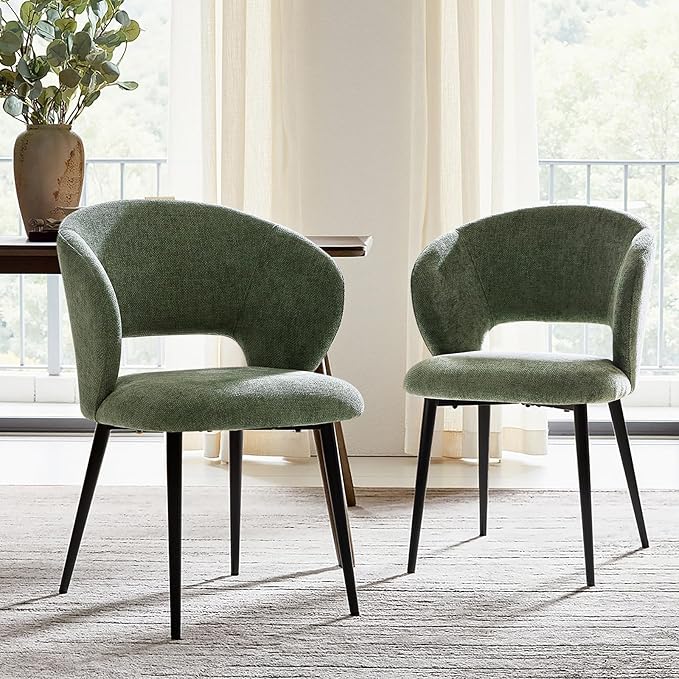 Contemporary Dining Chairs with Armrests – Ergonomic Soft-Padded Seat, Curved Backrest, Matte Black Metal Legs, Comfortable Kitchen & Dining Room Chairs, Set of 2