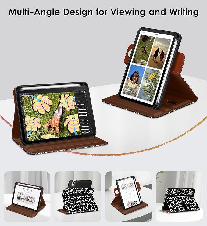 DTTO for iPad mini 7 A17 Pro 2024 aslo fit iPad mini 6 2021 Brown | 360 Degree Rotating Premium Faux Leather Folio Stand Cover with Pencil Holder Auto Sleep/Wake Multiple Angles Hand Strap