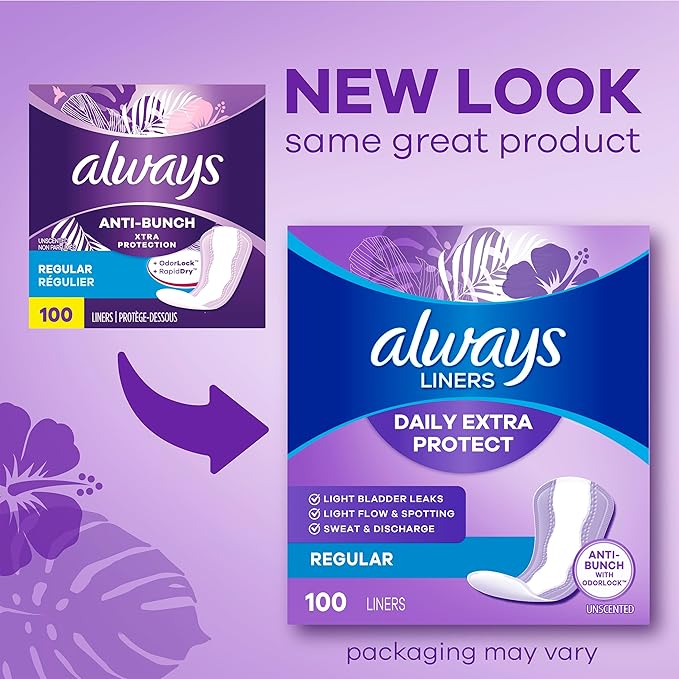 Always Anti-Bunch Xtra Protection Daily Liners Long Unscented, Anti Bunch Helps You Feel Comfortable, 108 Count (Packaging May Vary)