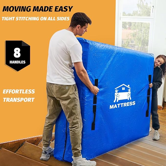 Mattress Bags for Moving, BETU Mattress Protector Waterproof Mattress Cover Cal King Size Storage Bags with 8 Heavy-Duty Handles and Zipper for Bed Extra Thick Large Reusable (86"x75"x15" Blue)