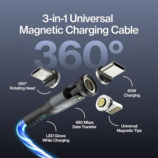 Statik 360 Pro Magnetic Charging Cable - Type C Charger Fast Charging 3 in 1 USB C to USB C Cable Micro USB &amp iProduct Tips USB A Adapter Fits All Devices - 100W Fast Charger Black 10FT/3M
