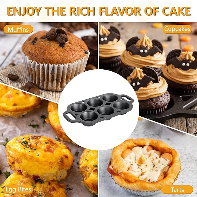 COSORM Pre-Seasoned Cast Iron Muffin Pan - 6-Cup Nonstick Cupcake Pan, 2 Piece Set