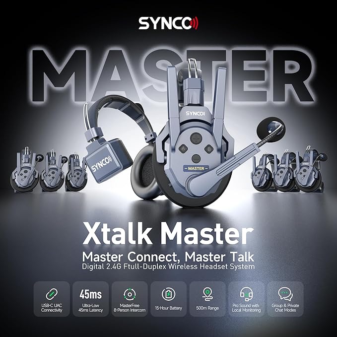 SYNCO Xtalk Master Wireless Intercom Headset System,8 Person 2.4GHz 500m/1640ft Headset with Noise Reduction Program,Real-time Monitoring